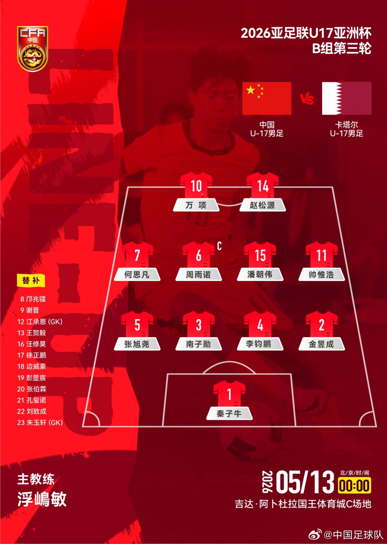 U17亚洲杯B组第3轮 U17男足对阵卡塔尔 中国队首发公布